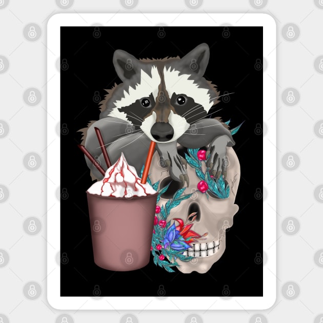 Raccoon with yummy and a skull in flowers Magnet by KateQR